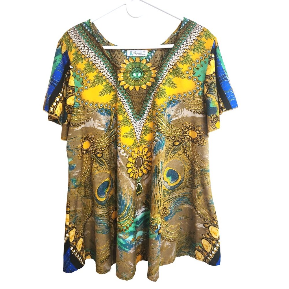 Lapogee Flutter Sleeve Scoopneck Golden Brown Print Made in India Blouse Size XL